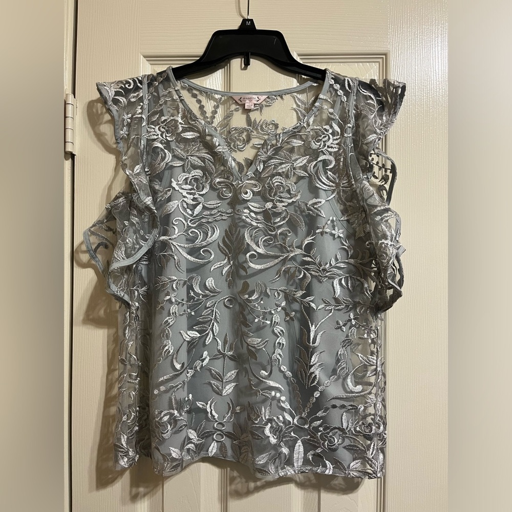 Nanette Lepore Silver Floral Lace Blouse